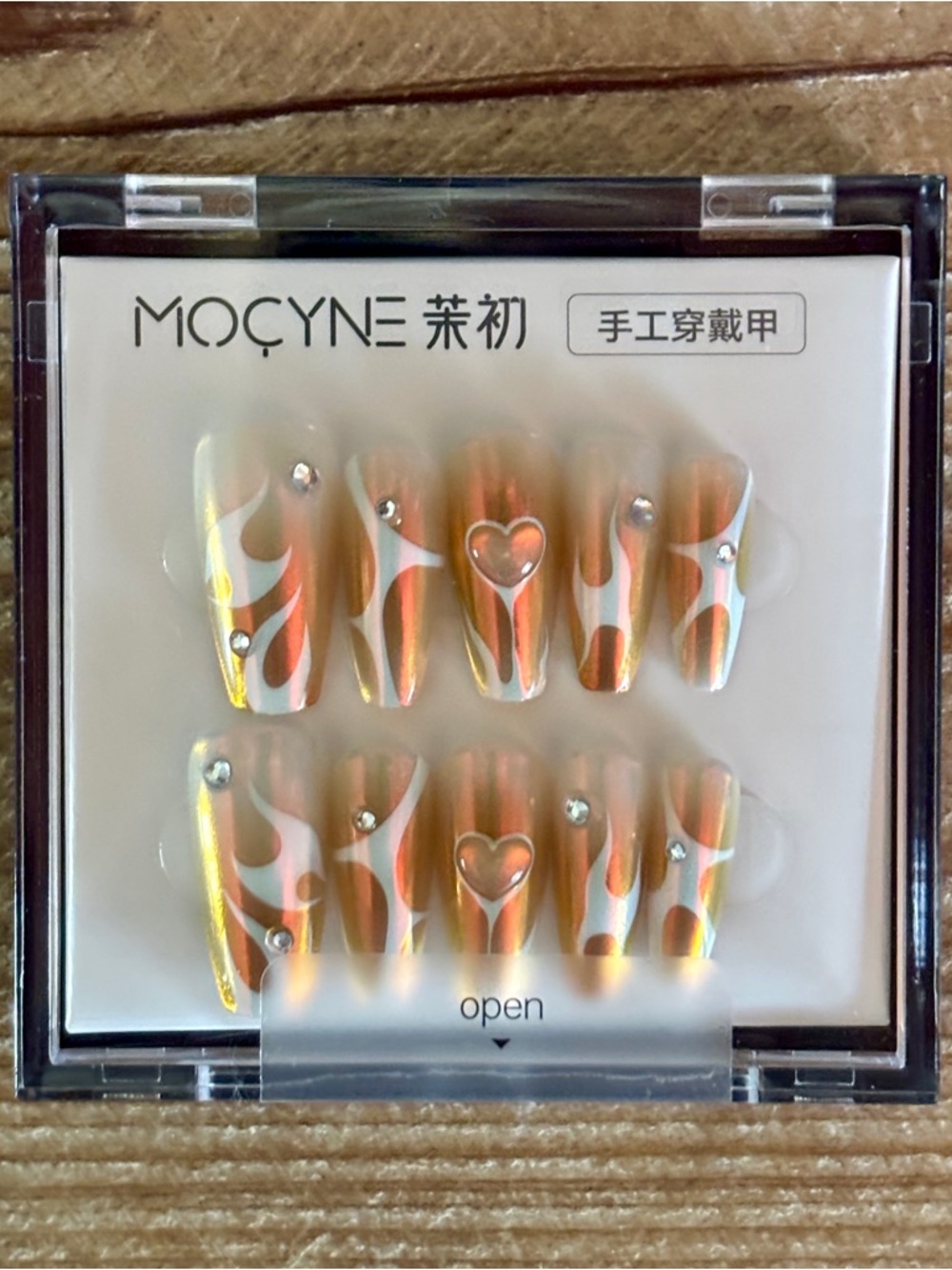 5 for $25 - MOCYNE Iridescent Orange Flame Press-On Nails with Heart Accent
